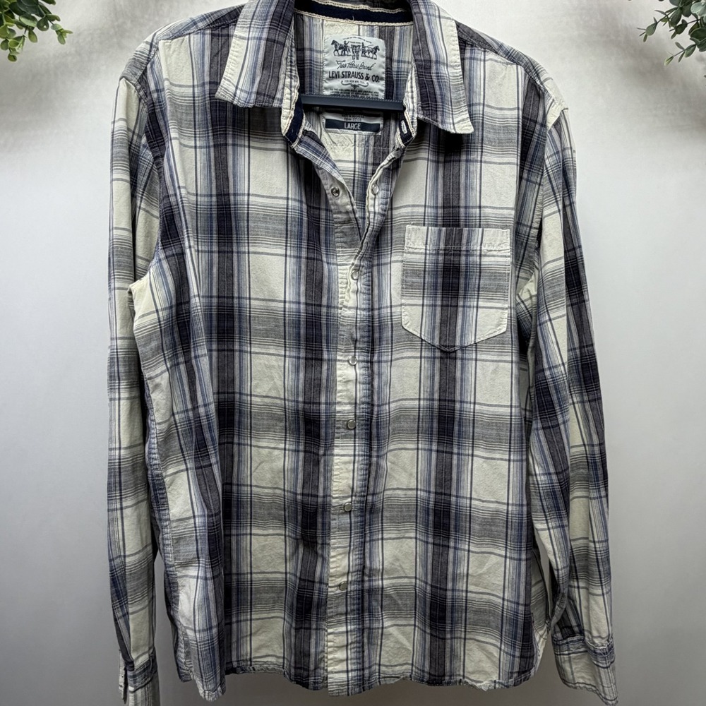 Pearl Snap Levi's Size L Levi Strauss & Co Two Horse Long Sleeve Button Up Blue